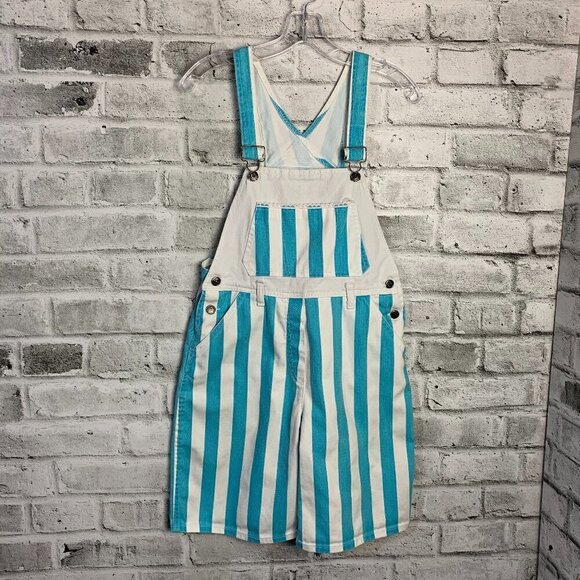Vintage 90s Pink Soda Striped White Denim Bib Overalls Shortalls - Picture 1 of 9